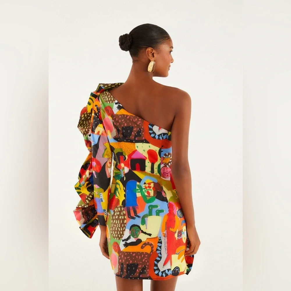 Farm Rio: Ana Leovy Farm Rio Organic Cotton One Shoulder Mini Dress - Picture 2 of 14